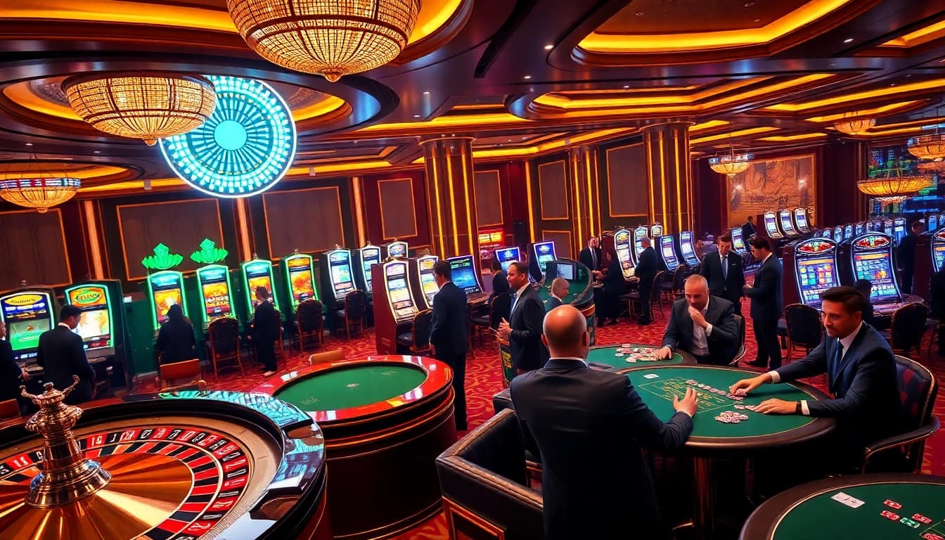 LC88 professionals engaging in thrilling casino games at luxurious tables, showcasing excitement.