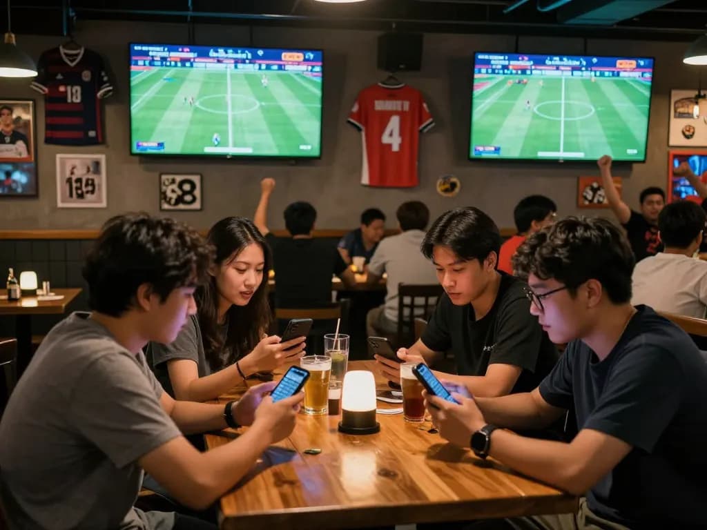 Lương Sơn TV brings live football excitement to fans at a bustling sports bar, capturing thrilling moments of teamwork and strategizing for bets.