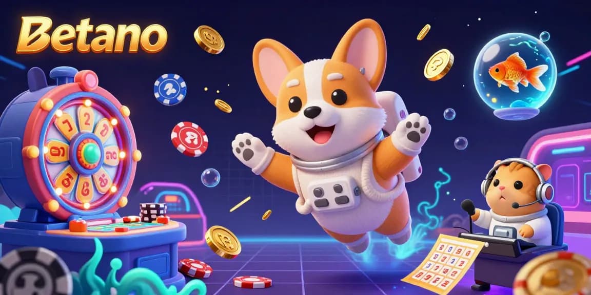 Betano themed vibrant 3D casino illustration featuring a floating astronaut corgi, poker chips, and glowing slots.