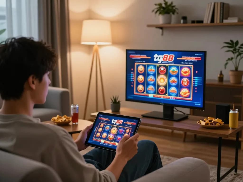 Player engaging with tg88 online casino on tablet while relaxing at home, showcasing comfortable gaming environment.