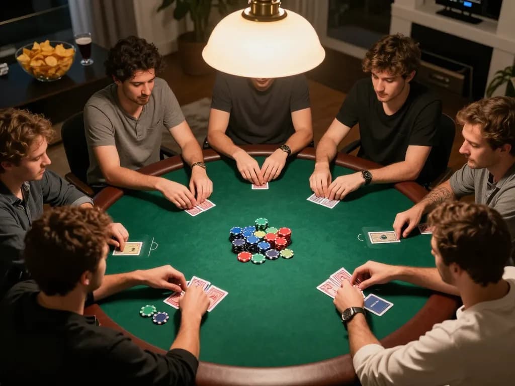 Poker players engaged in intense gameplay, showcasing strategy with casinosscope cards and colorful chips on the table.