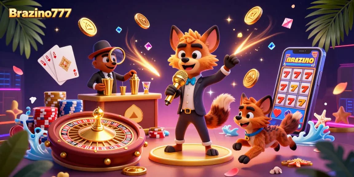 Brazino777 brings excitement to gaming with roaring hyenas in a vibrant casino scene filled with coins and games.