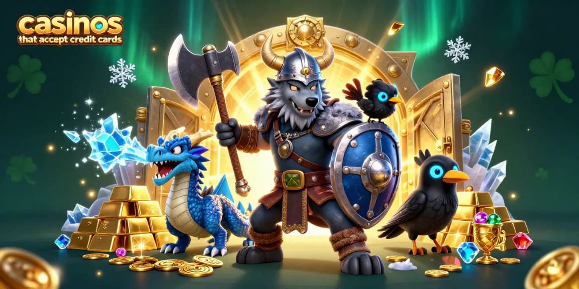 Engaging scene of casinos that accept credit cards featuring a Viking warrior and dragon amid treasures.