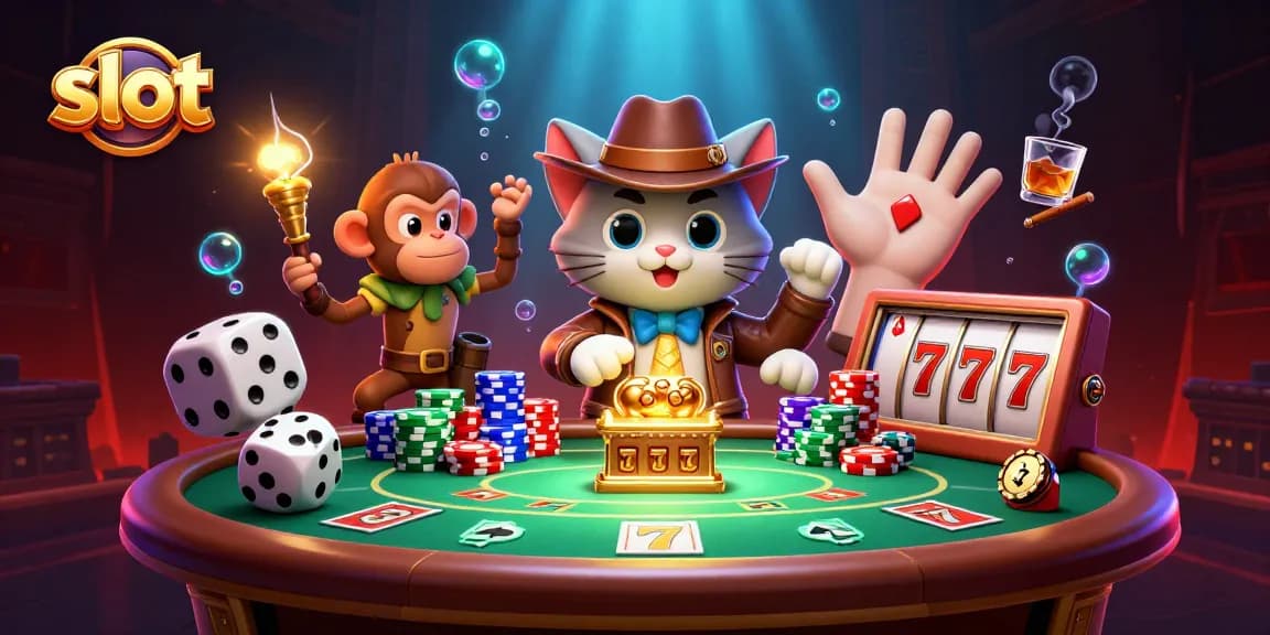 Spin and win at the slot-themed casino with a cat archaeologist and monkey companion.