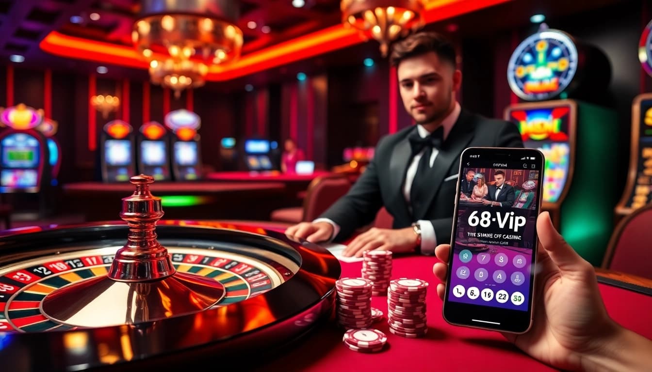 Experience thrilling gameplay at 68VIP.COM with exciting casino tables, poker chips, and slot machines.