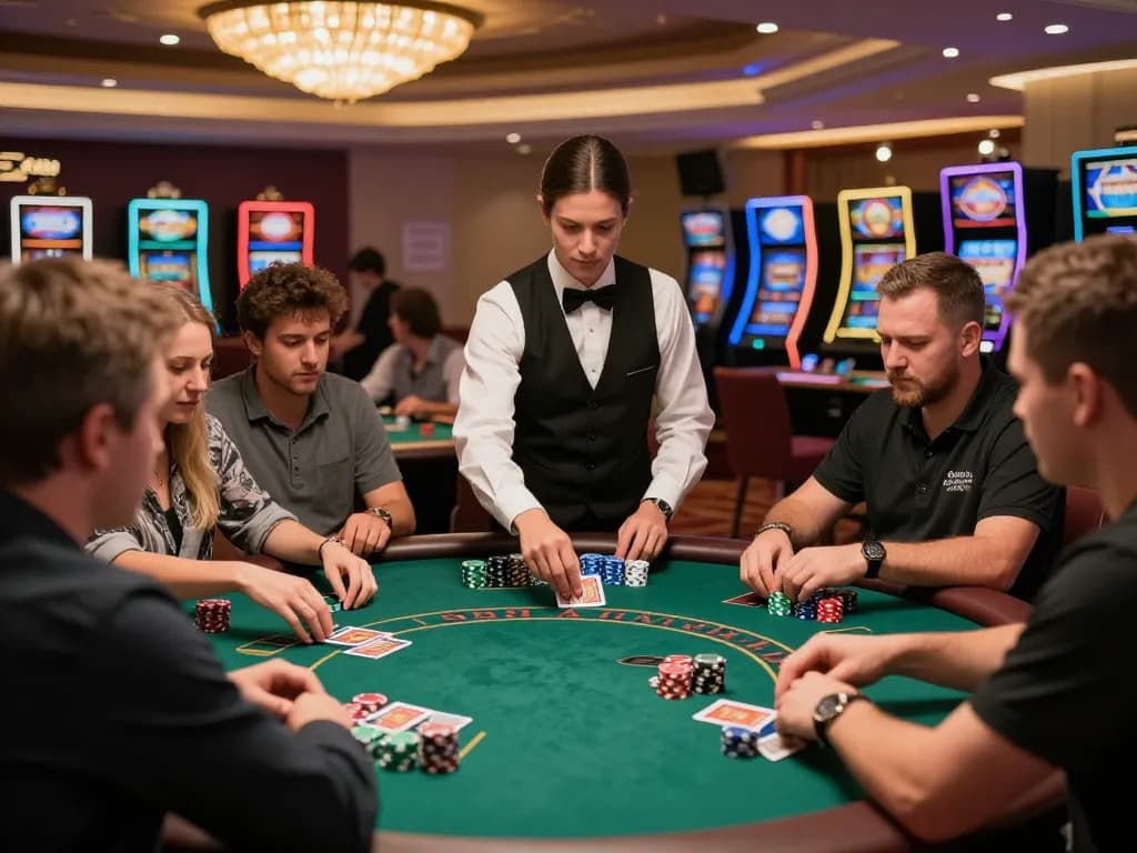 Players engaged in a thrilling blackjack game at 98wincom casino table, vibrant atmosphere with colorful chips.