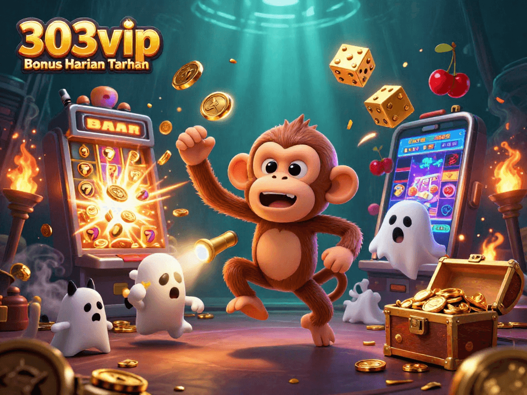 Experience thrilling gameplay with 303vip Bonus Harian Taruhan as monkeys juggle gold in a lively casino.