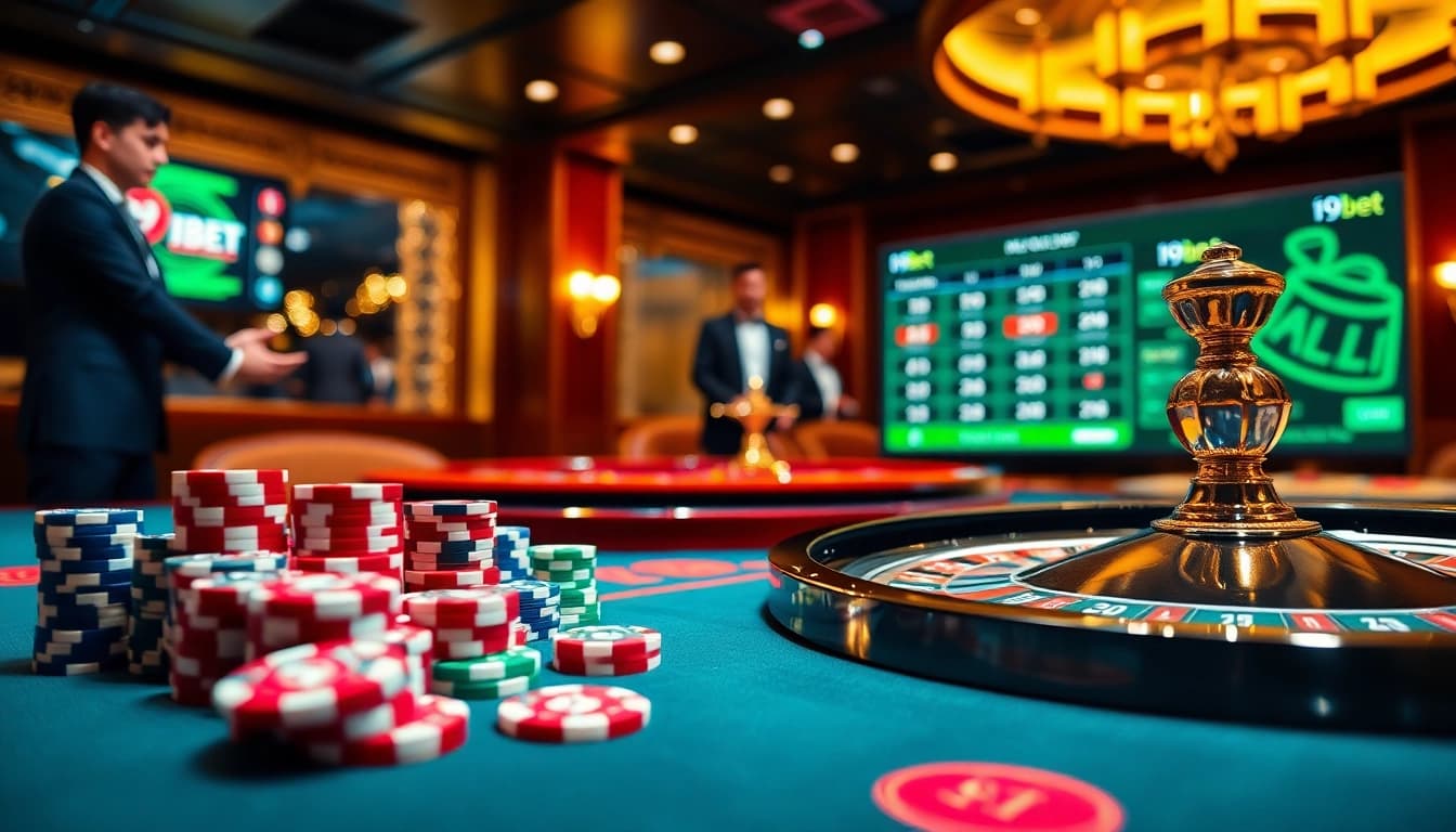 Experience the excitement of i9bet with a vibrant casino scene showcasing thrilling poker games and dynamic gambling interfaces.