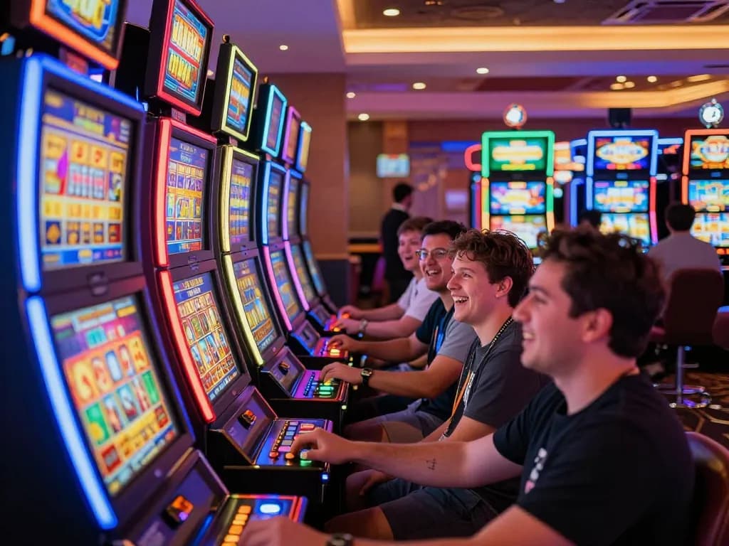 Players enjoying exciting slot machine gameplay on SpinAdvisor, showcasing vibrant interactions and thrilling moments