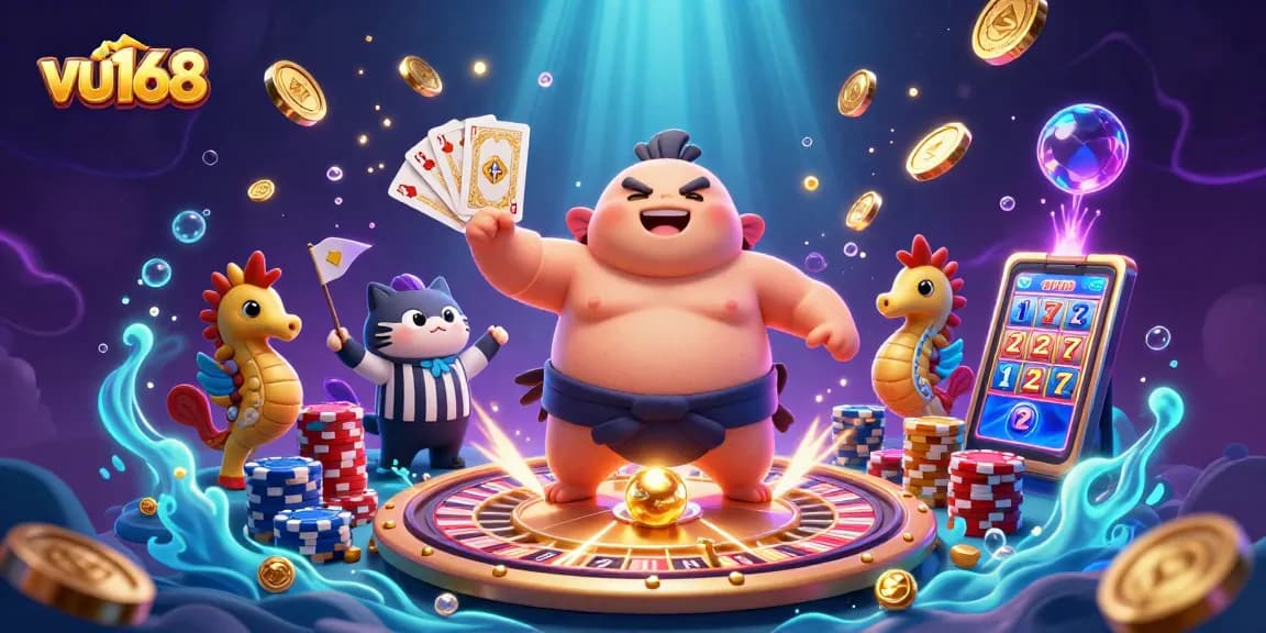 Experience thrilling gaming with vu168's dynamic underwater casino scene filled with fun characters and vibrant elements.