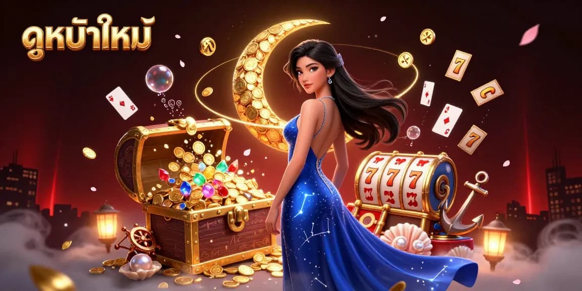 Engage in ดูหนังใหม่ with an elegant Asian woman surrounded by casino elements like slot reels and coins.