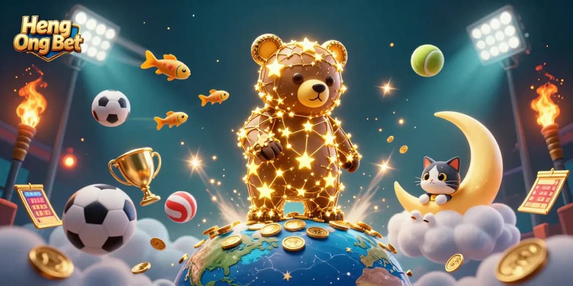 Win at Heng Ong Bet with this vibrant, immersive 3D casino scene of stars, sports, and coins.