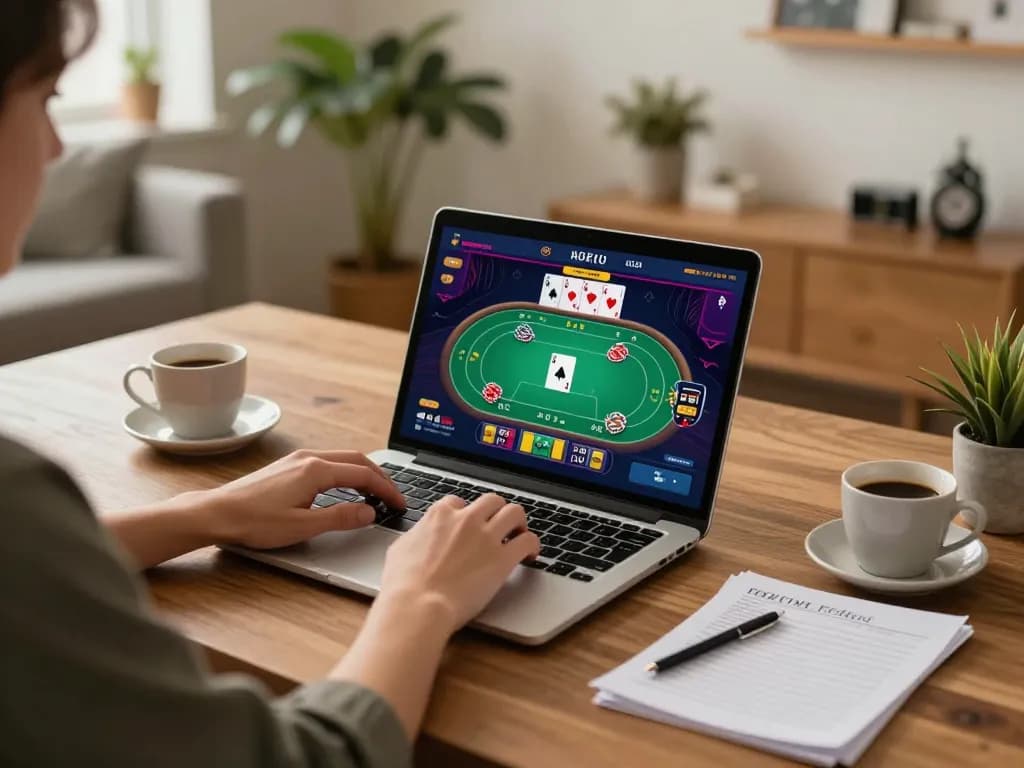 Player engaging with Tr88 chính thức poker game interface at a stylish home workspace.