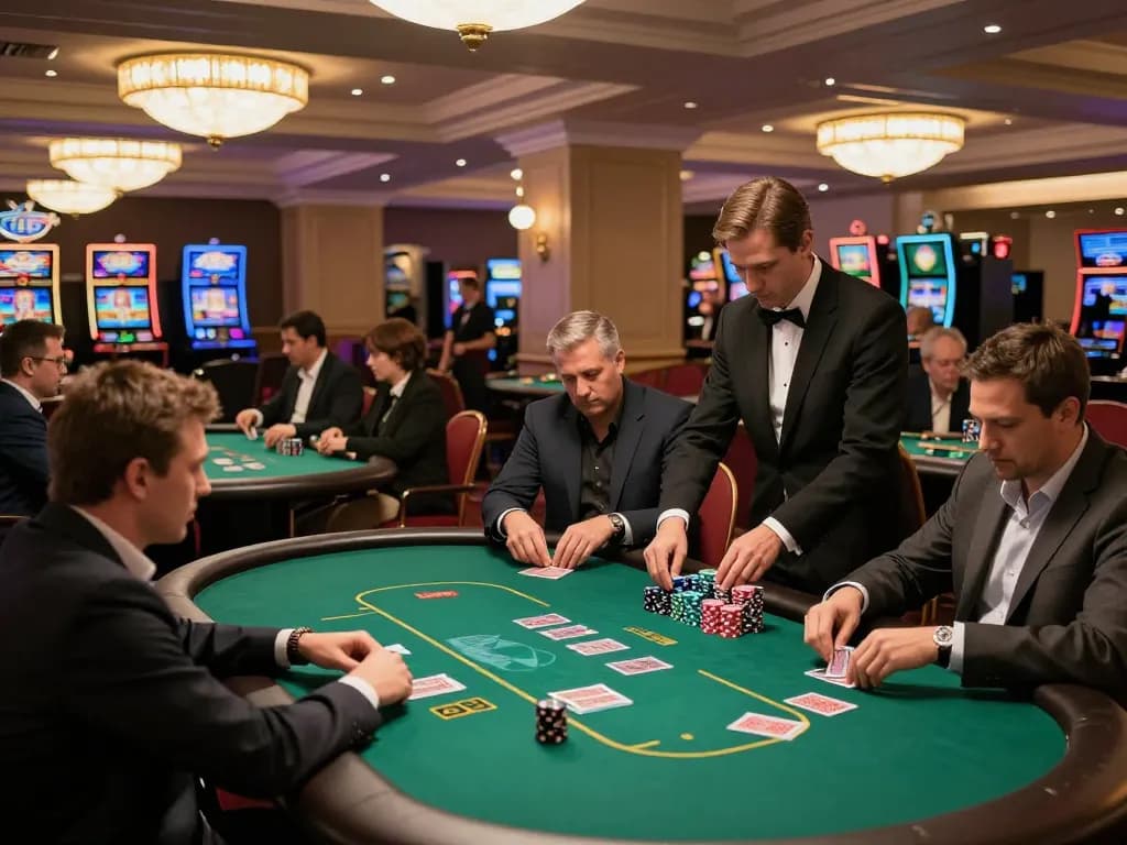 Action at 56win poker tables with players and dealers engaging in strategic gameplay.