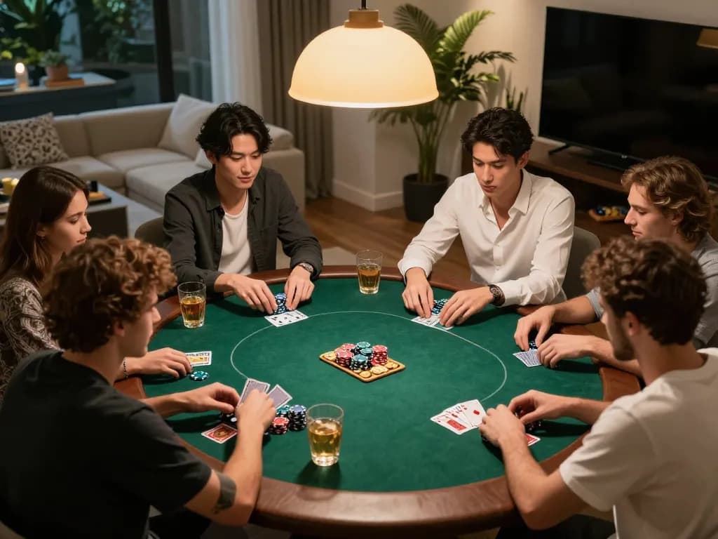 Friends play poker at home, enjoying a winning moment with chips and GO8-themed decor.