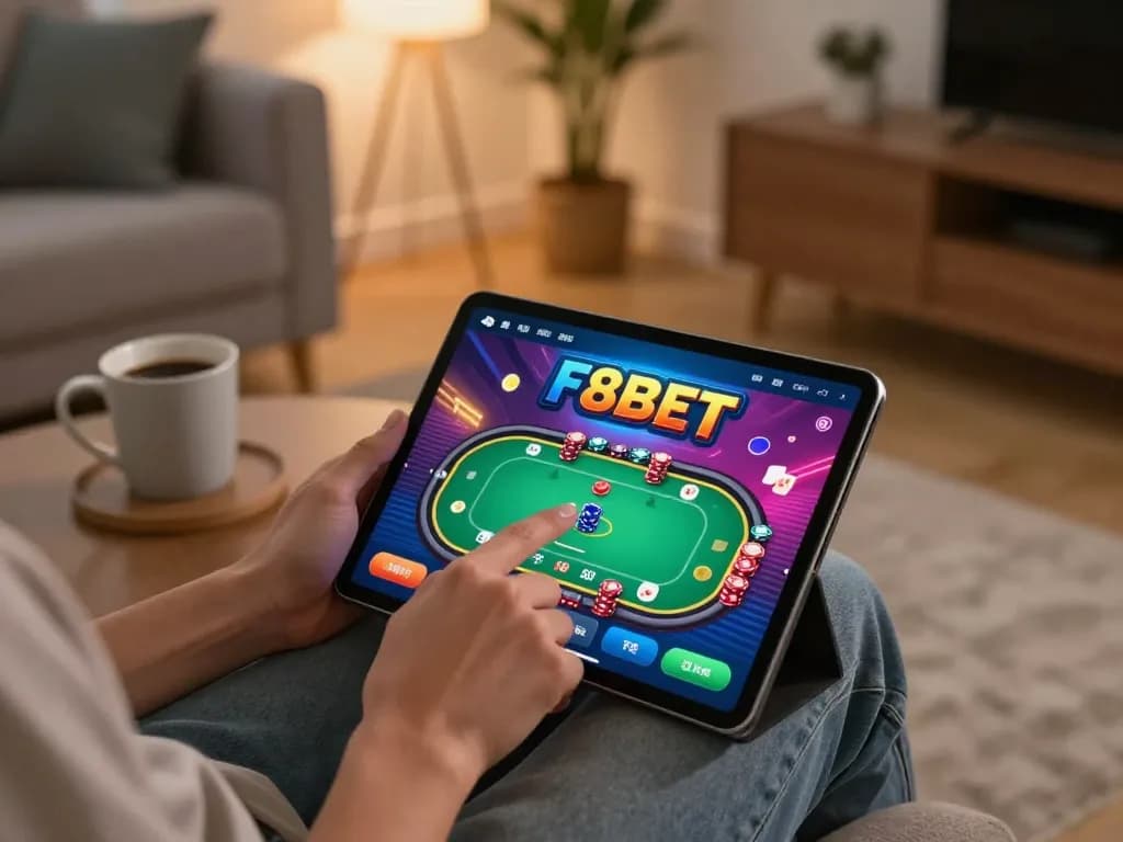 Player using the F8BET app on a tablet, immersed in online poker gameplay in a cozy living room.