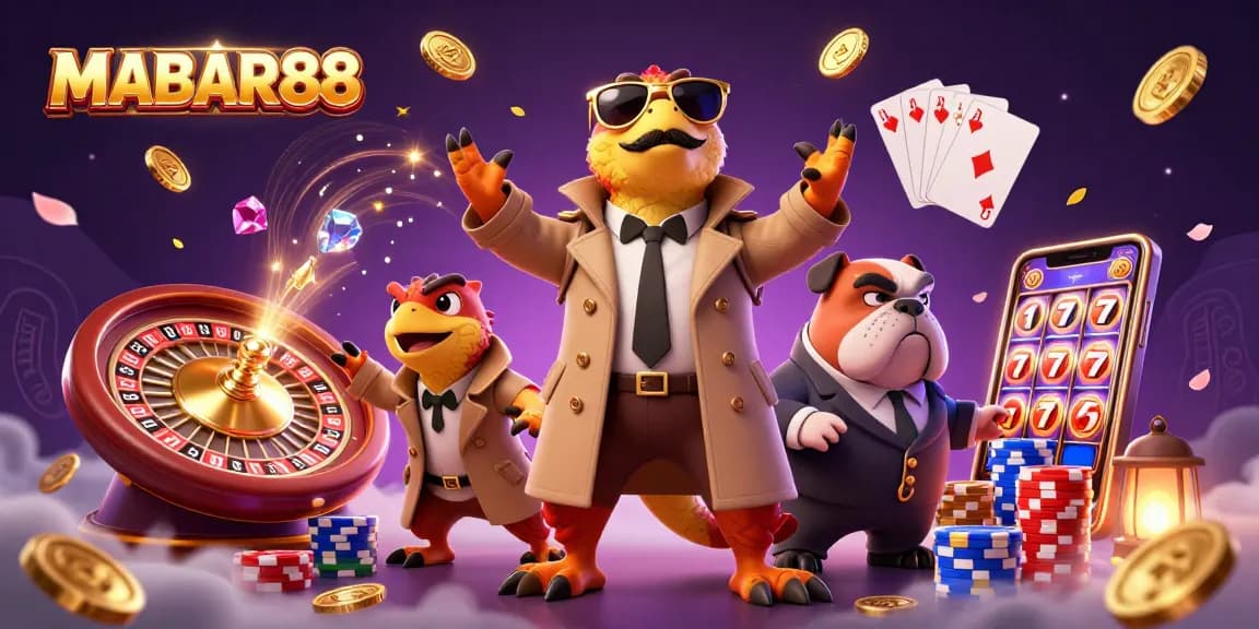 MABAR88 casino illustration with raptors in a trench coat entering a VIP lounge amid casino elements.