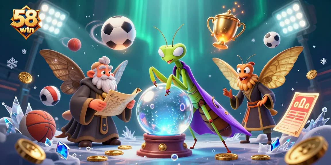 Experience the excitement of 58win with our vibrant 3D illustration of sports betting and mystical characters.
