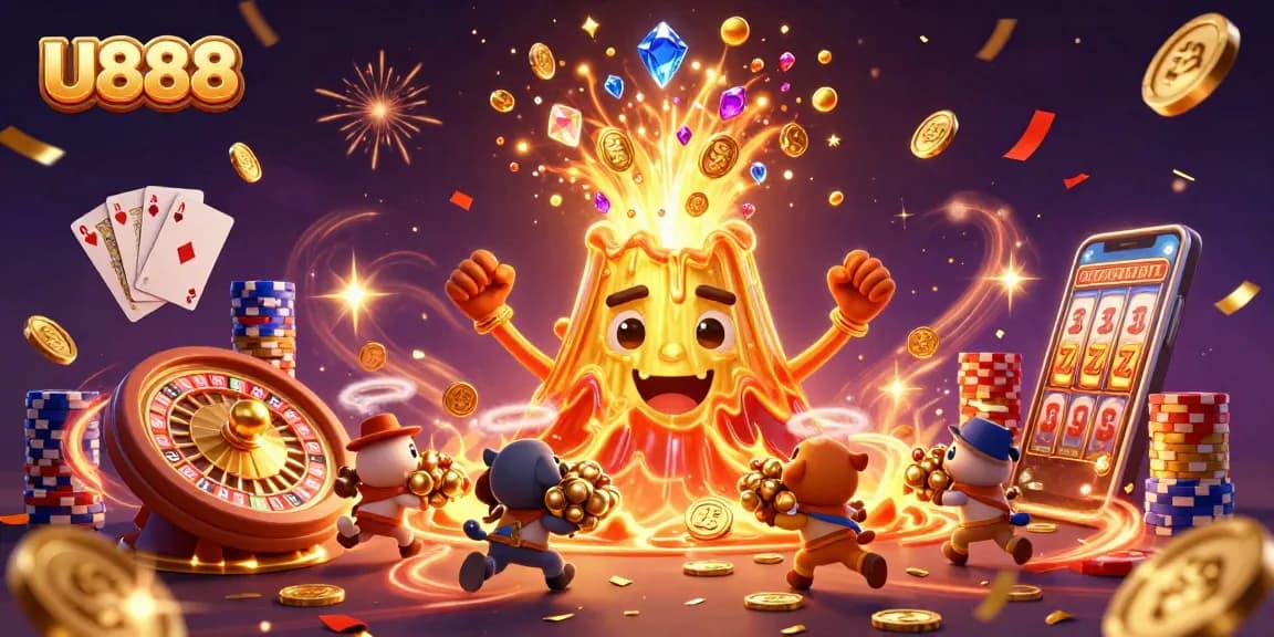 U888 showcases a triumphant golden volcano and treasure-gathering animals in a lively casino scene.
