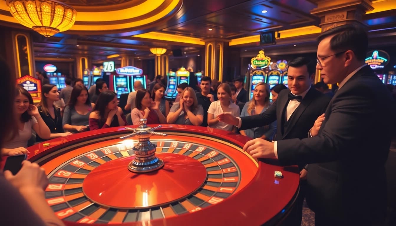Experience kèo nhà cái trực tiếp excitement at a luxury casino with vibrant tables and eager players.