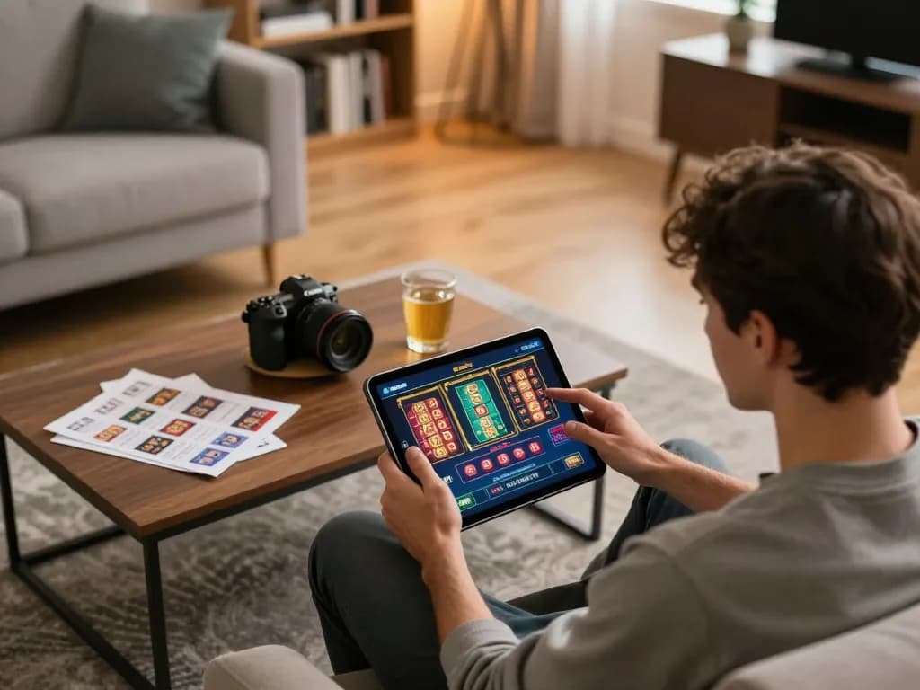 Player enjoying dh88 casino games on a tablet in a stylish home setting with strategy notes nearby.