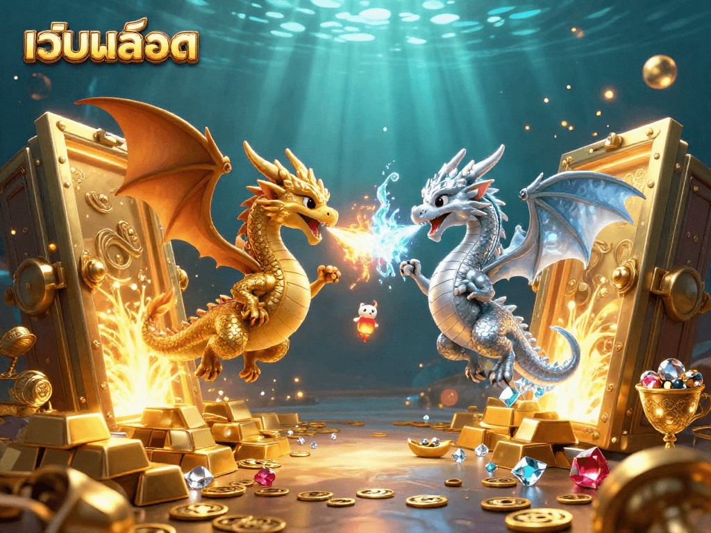 Experience thrilling เว็บสล็อต adventures with a dazzling scene of intertwined dragons and treasures.