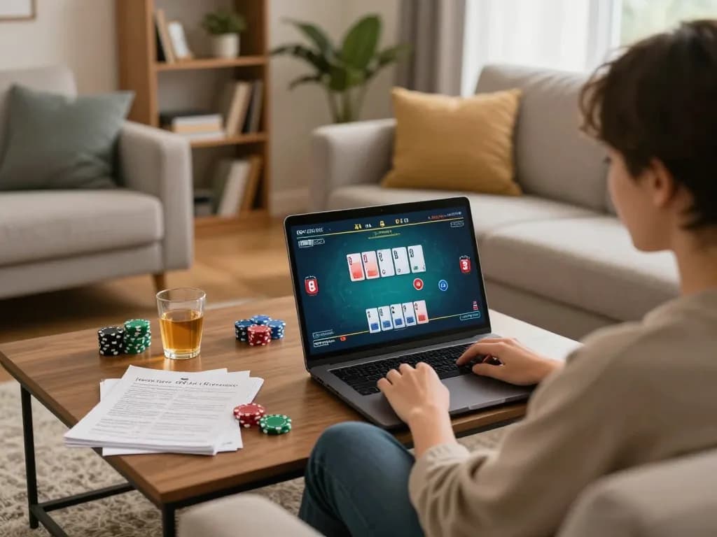 Person playing online poker at home using 3win platform, creating a cozy gaming atmosphere.
