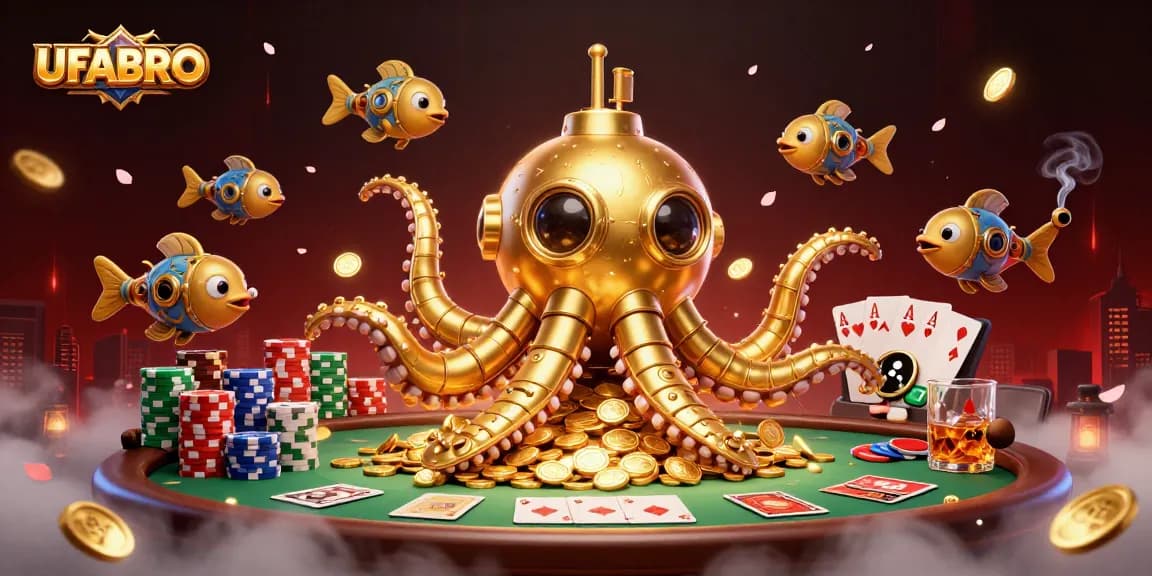 Engage with UFABRO in a vibrant scene of golden kraken submarine and poker elements amidst golden coins.