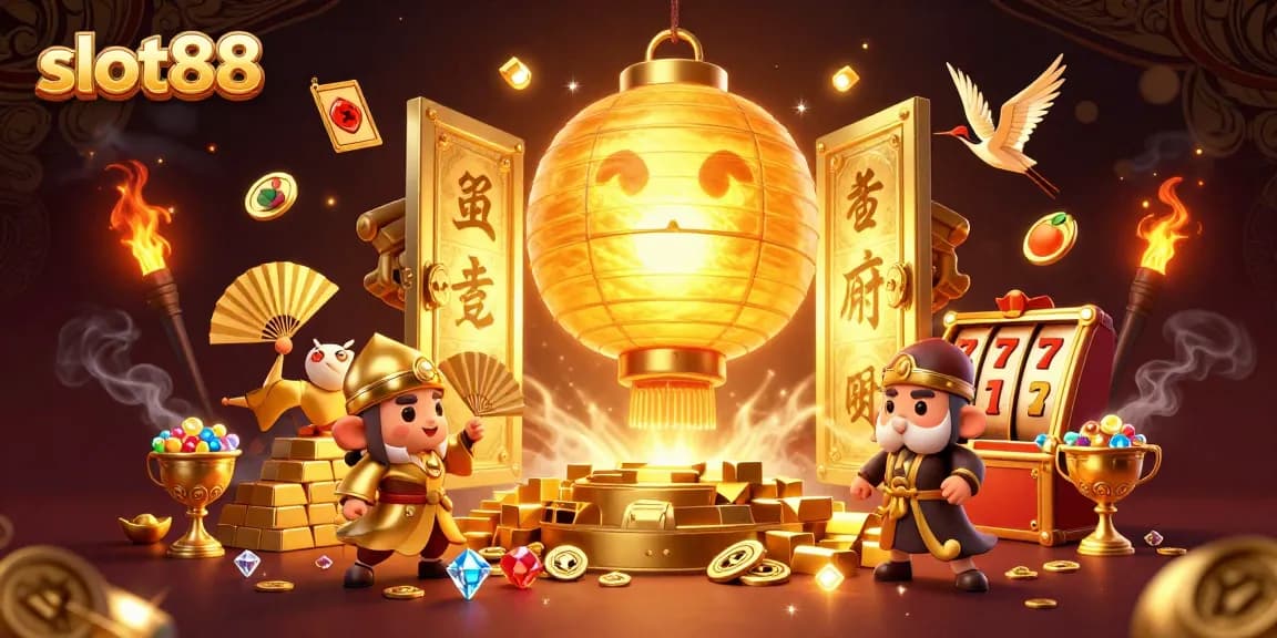 Slot88 menghadirkan permainan jackpot dengan simbol keberuntungan dan harta karun bersinar.