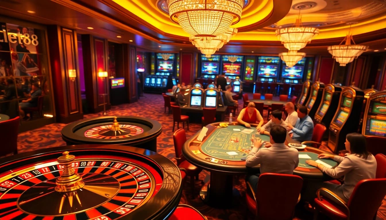 LC88 casino featuring high-stakes games with vibrant roulette wheel and engaged players.