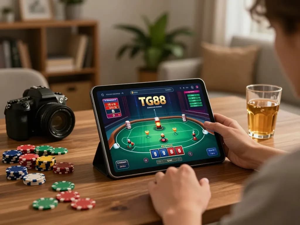 Player enjoying tg88 casino app on tablet, surrounded by poker chips in cozy home setting