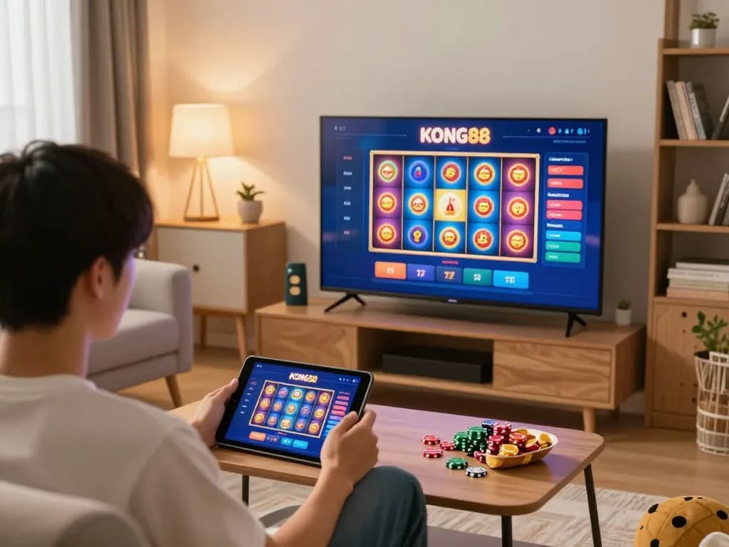 KONG88 player engaging with online casino slots at home, showcasing vibrant interface.