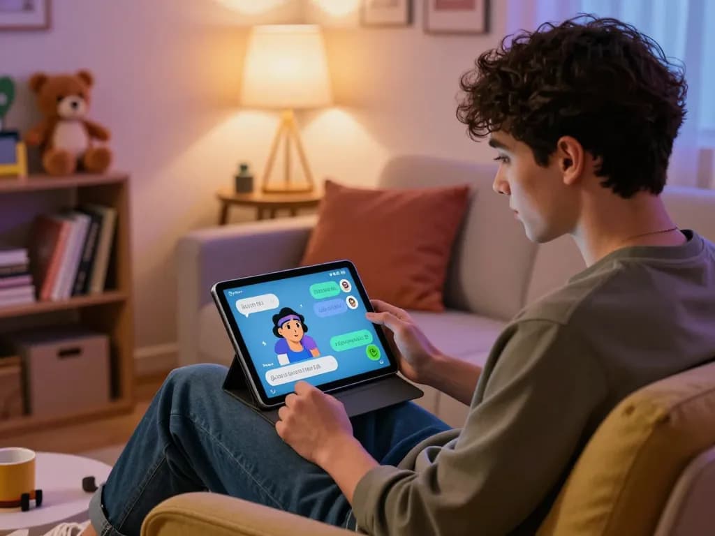 User enjoying NSFW chat interactions with an AI character in a cozy home setup.