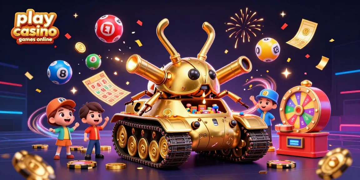 Engage with exciting visuals as you play casino games online using a dynamic golden beetle tank showcasing a miniature casino.