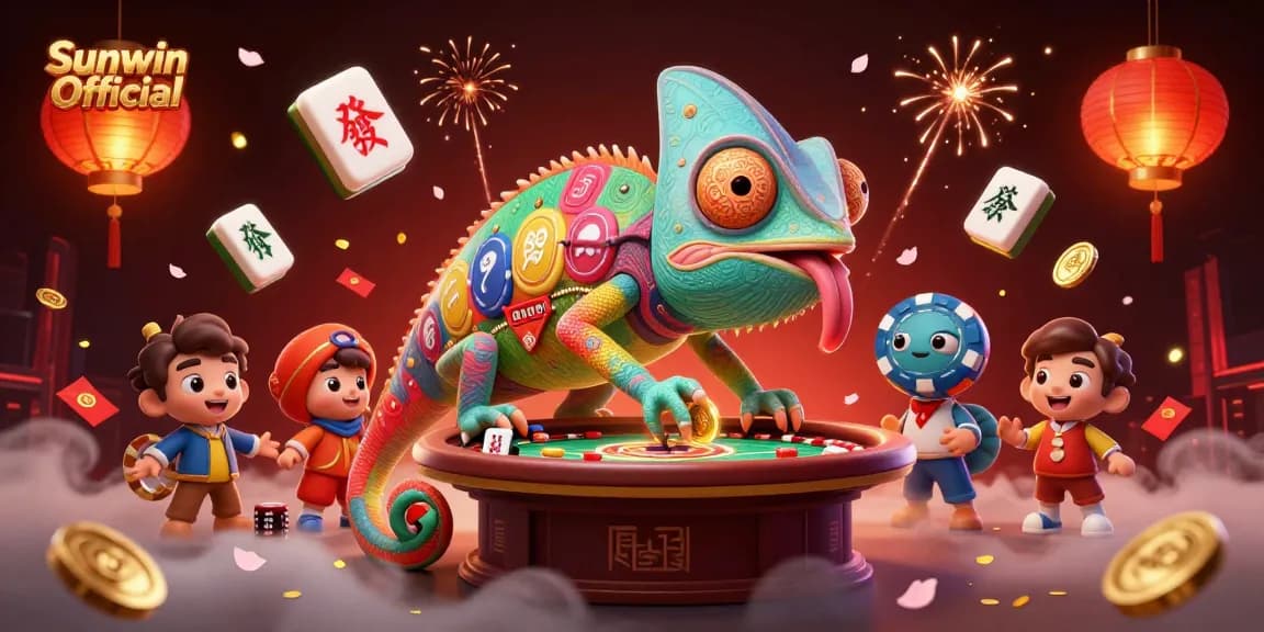 Engage with Sunwin Official at a vibrant casino scene featuring colorful elements and a dynamic chameleon owner.