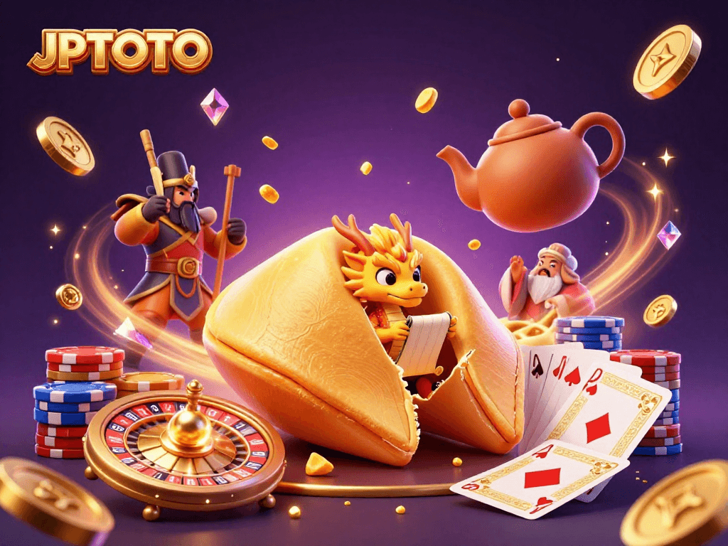 JPTOTO elevates gaming experiences, showcasing a wise dragon and fortune cookie amid vibrant casino elements.