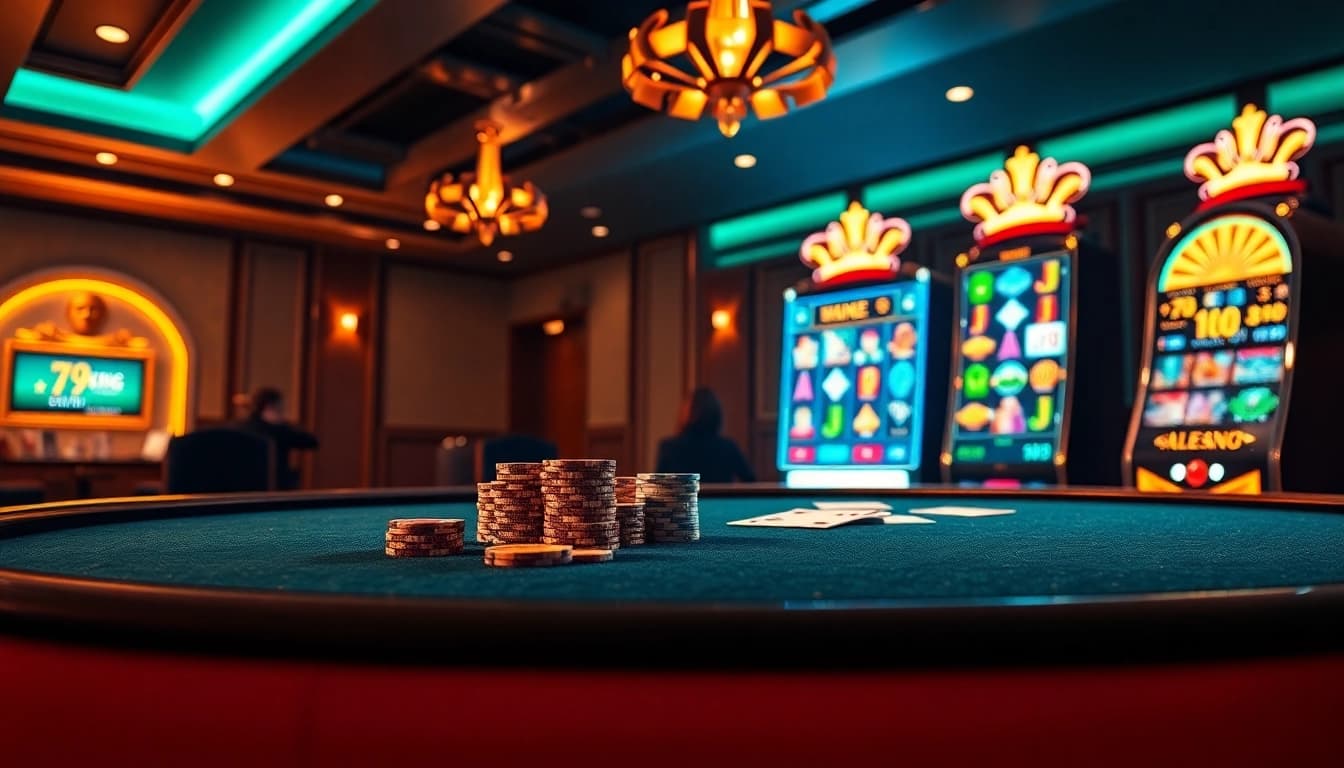 Experience thrill at 79king with vibrant poker tables and slot machines in an elegant online casino setting.