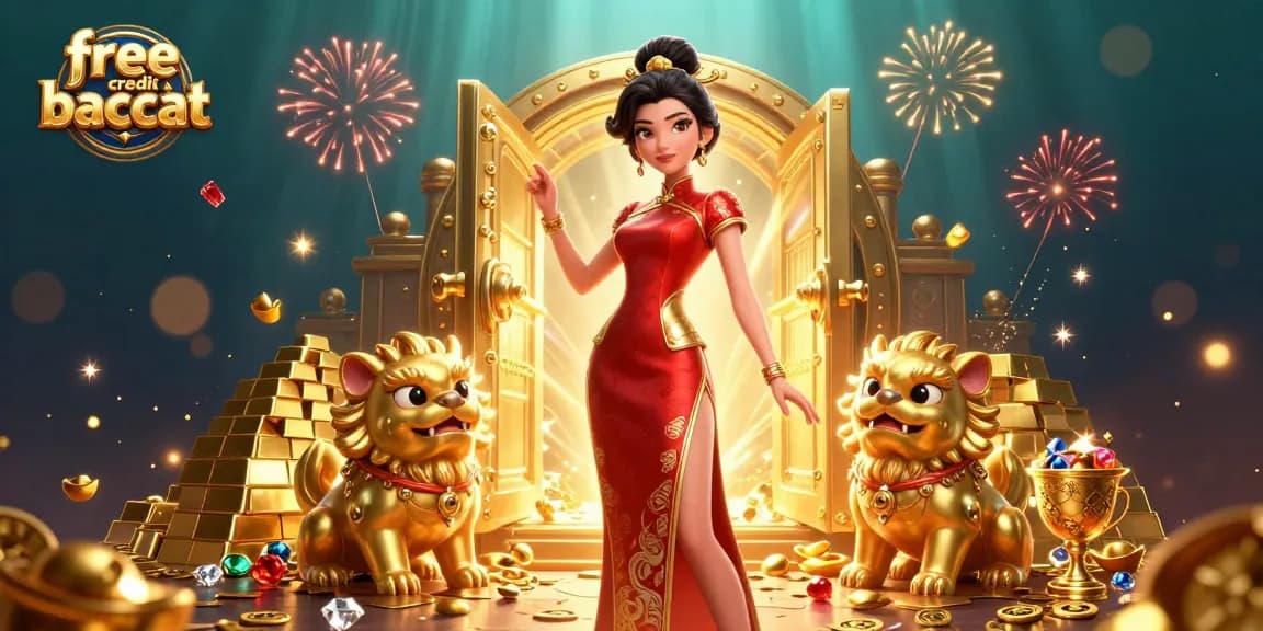 Play free credit baccarat with a glamorous Asian woman amid sparkling treasures and golden guardians.