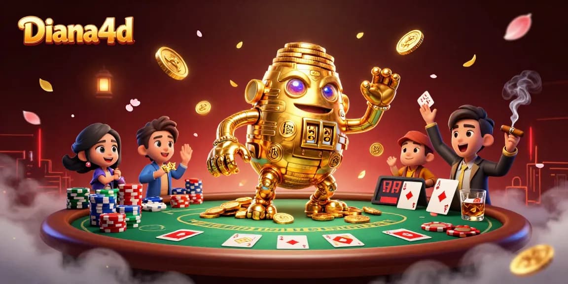 Diana4d's golden golem brings vibrant excitement to slot games with poker chips and cards.