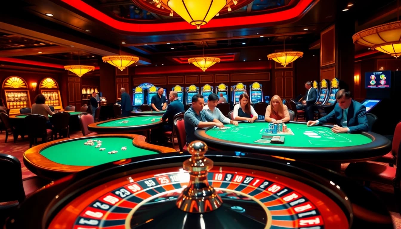 Players enjoying high-stakes poker at 5z7772 com casino with vibrant tables and flashing slot machines.