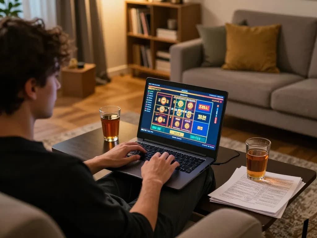 Player engaging in situs gacor online game from home, warm setting with laptop showing vibrant slots.