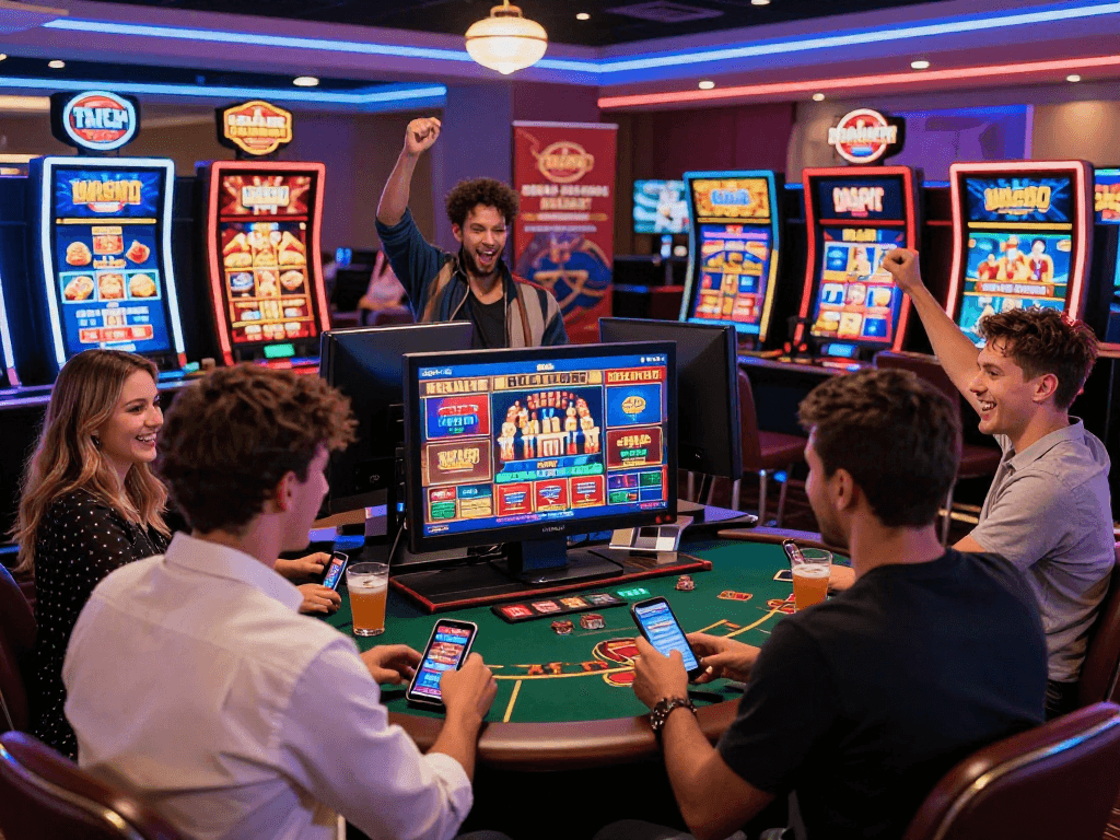 Exciting atmosphere in a vibrant online casino, showcasing USA casinos for UK players with friends enjoying gaming on colorful screens.