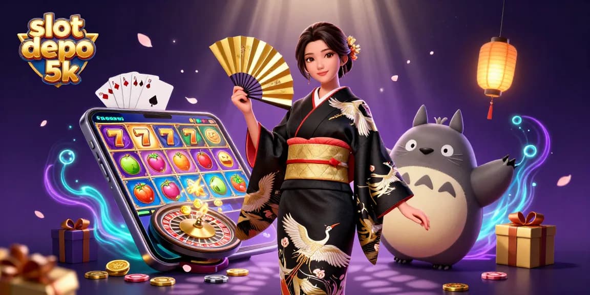 Experience thrilling wins with slot depo 5k in this vibrant casino illustration featuring dynamic game elements.