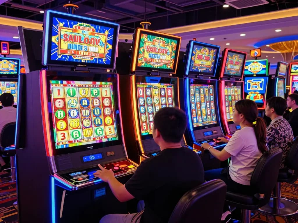 Engaging players at colorful situs slot machines in a lively casino atmosphere.