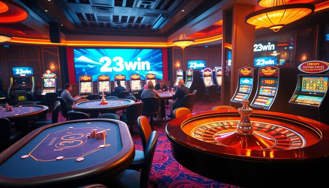 Players enjoying thrilling games at 23win online casino, featuring poker, roulette, and slots.