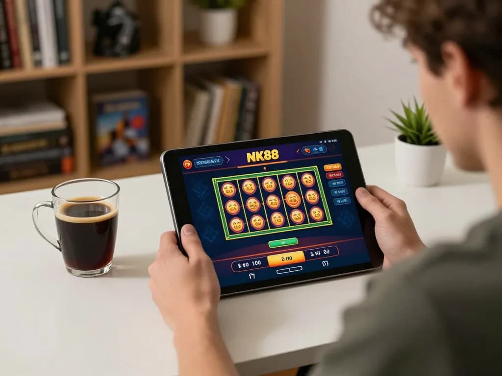 Engaging with the NK88 casino app on a tablet in a cozy home setting, highlighting online gaming.
