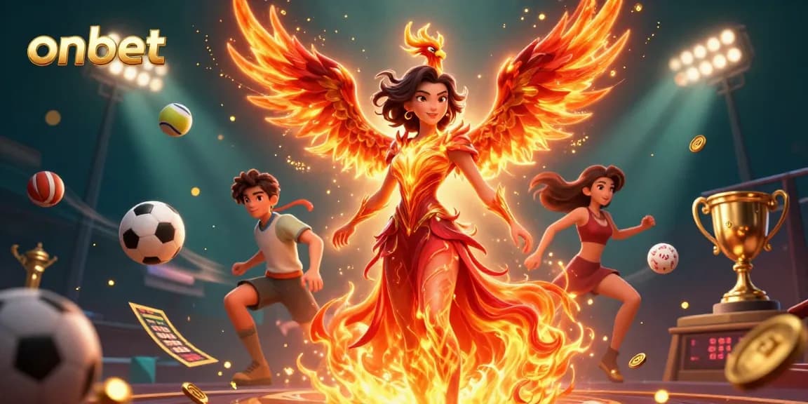 Experience thrilling action at onbet casino with an explosive visual of a stunning Asian woman in flames and a phoenix.