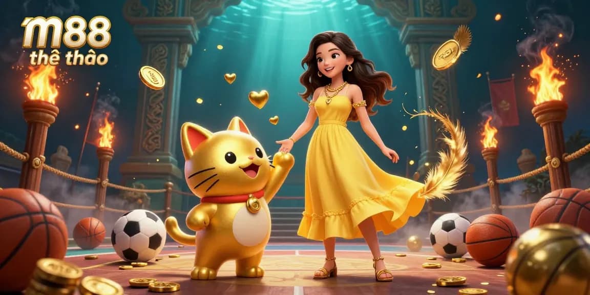 Tham gia vào hành động cá cược m88 thể thao với cảnh sắc sôi động có một người phụ nữ vui vẻ và con mèo may mắn.