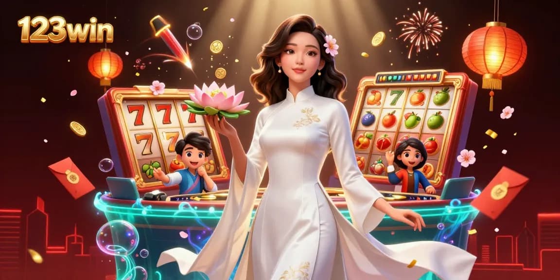 Engage with 123win's thrilling gaming experience through this vibrant casino illustration featuring exciting slot reels and characters.