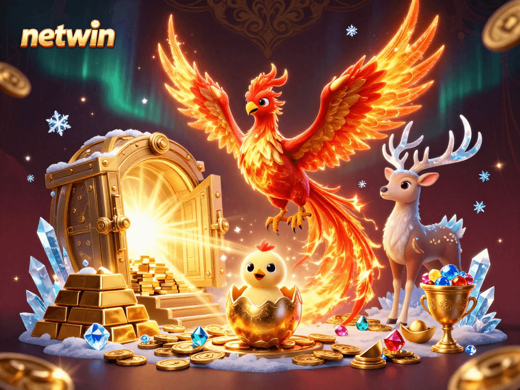 Experience netwin with majestic phoenixes soaring above treasures in a captivating casino scene.
